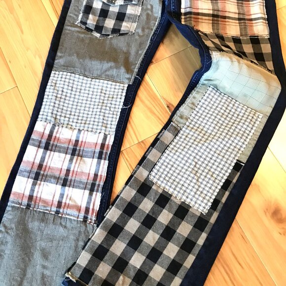 Upcycled Patchwork Jeans 32x32: Tattered Grunge Denim, Campus Life Hippie Pants - Picture 8 of 9